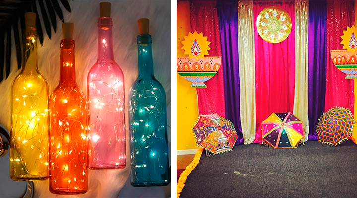 Coloured Bottles, Colourful dupattas, How to do Diwali decorations, Best diwali decorations, DIY ideas for diwali decoration, diwali decoration at home, Diwali decoration items